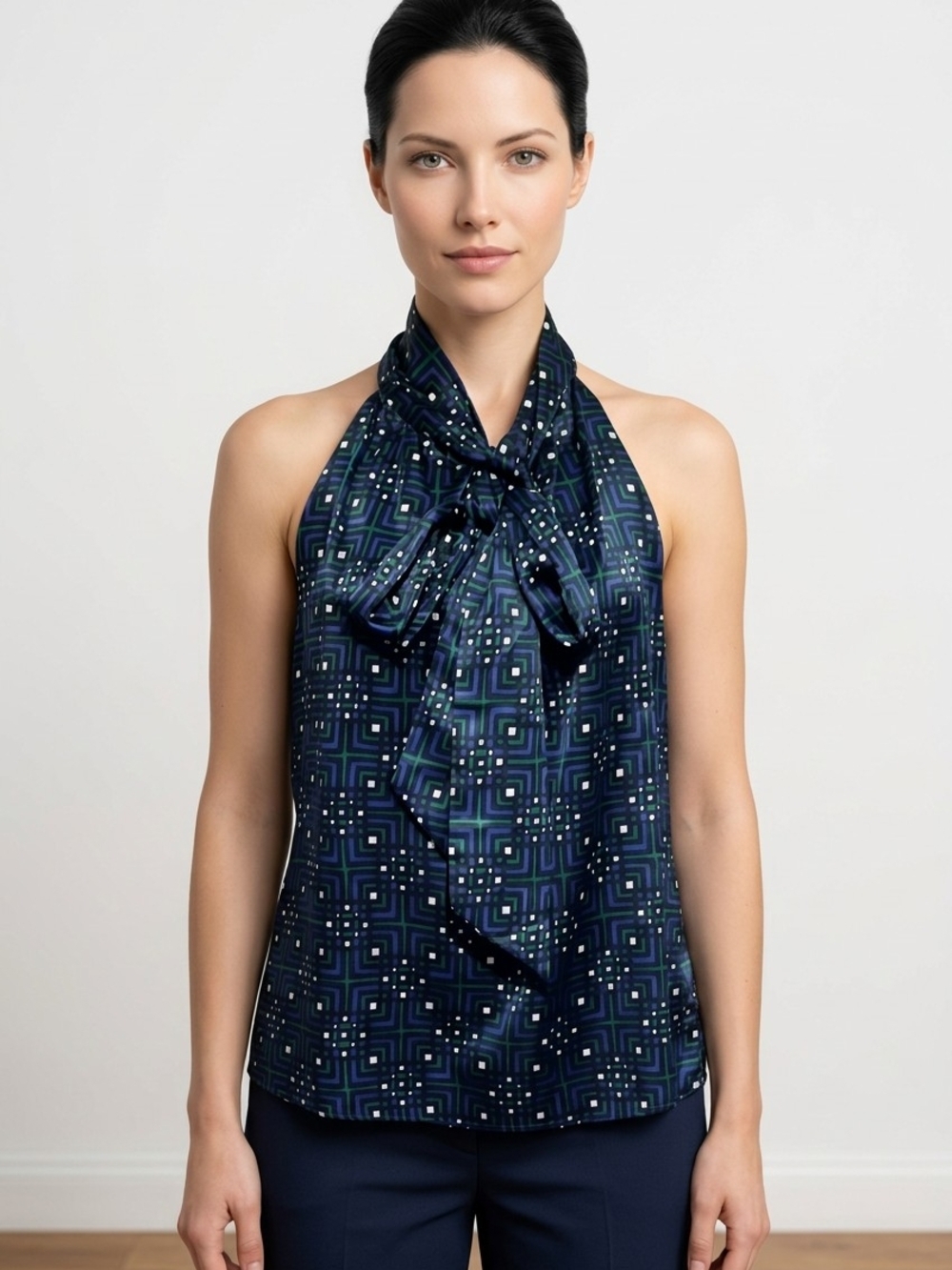 NWT Banana Republic Sleeveless Blue and Green Geometric Blouse with Tie sz M